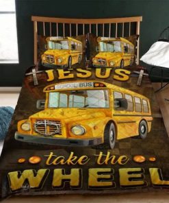 Jesus Take The Wheel School Bus Quilt Bedding Set