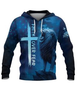 Faith Over Fear Blue Lion & Cross Christian Hoodie Faith Over Fear Blue Lion & Cross Christian Hoodie
