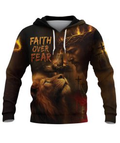 Faith Over Fear Lion & Jesus Crown of Thorns Christian Hoodie Faith Over Fear Lion & Jesus Crown of Thorns Christian Hoodie