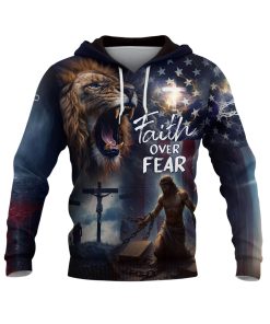 Faith Over Fear Lion of Judah American Flag Cross Hoodie Faith Over Fear Lion of Judah American Flag Cross Hoodie
