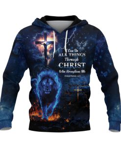 Philippians 4:13 Blue Lion of Judah Cross Christian Hoodie Philippians 4:13 Blue Lion of Judah Cross Christian Hoodie