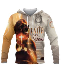 Faith Over Fear Lion and Cross Lightning Christian Hoodie Faith Over Fear Lion and Cross Lightning Christian Hoodie