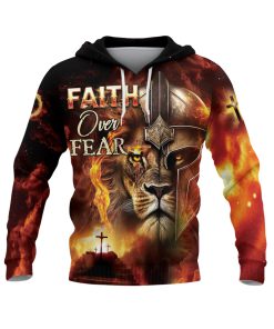 Faith Over Fear Lion Warrior & Cross Christian Hoodie Faith Over Fear Lion Warrior & Cross Christian Hoodie