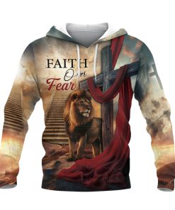 Faith Over Fear Lion and Cross with Red Cloth Christian Hoodie Faith Over Fear Lion and Cross with Red Cloth Christian Hoodie