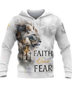 Faith Over Fear Christian Hoodie White Lion Cross Heaven Design Faith Over Fear Christian Hoodie White Lion Cross Heaven Design