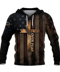 Faith Over Fear Christian Hoodie Cross American Flag Vintage Design