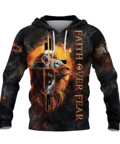 Faith Over Fear Christian Hoodie Lion Cross Jesus Fire Design Faith Over Fear Christian Hoodie Lion Cross Jesus Fire Design