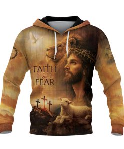 Faith Over Fear Christian Hoodie Jesus Lion Lamb Cross Design Faith Over Fear Christian Hoodie Jesus Lion Lamb Cross Design