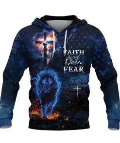 Faith Over Fear Christian Hoodie Lion Cross Blue Lightning Design Faith Over Fear Christian Hoodie Lion Cross Blue Lightning Design