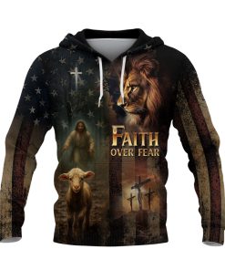 Faith Over Fear Christian Hoodie Jesus Lion Lamb Cross Flag Design