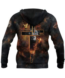 Faith Over Fear Christian Hoodie Lion Cross Jesus Fire Design