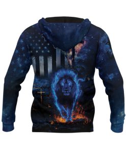 Faith Over Fear Christian Hoodie Lion Cross Blue Lightning Design