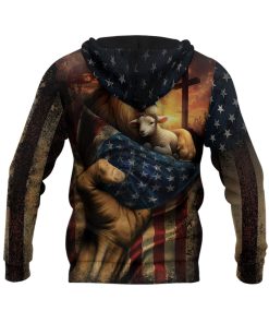 Faith Over Fear Christian Hoodie Jesus Lion Lamb Cross Flag Design