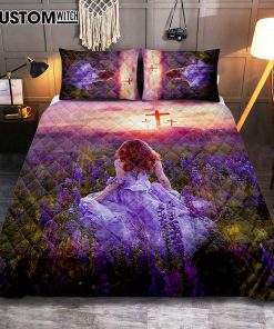 Beautiful Girl In The Lavender Field Cross Quilt Bedding Set Bedroom - Christian Quilt Bedding Set Prints - Bible Verse Quilt Bedding Set Art