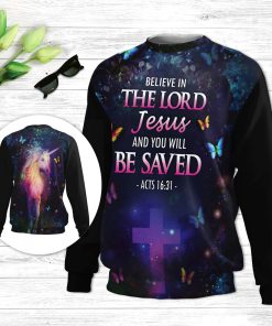 Believe In The Lord Jesus Unicorn & Cross Butrerfly Ugly Christmas Sweater - Christian Unisex Sweater - Religious Christmas Gift