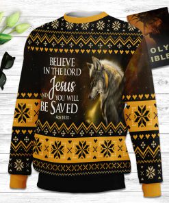 Believe In The Lord Jesus Wolf & Cross Ugly Christmas Sweater - Christian Unisex Sweater - Religious Christmas Gift