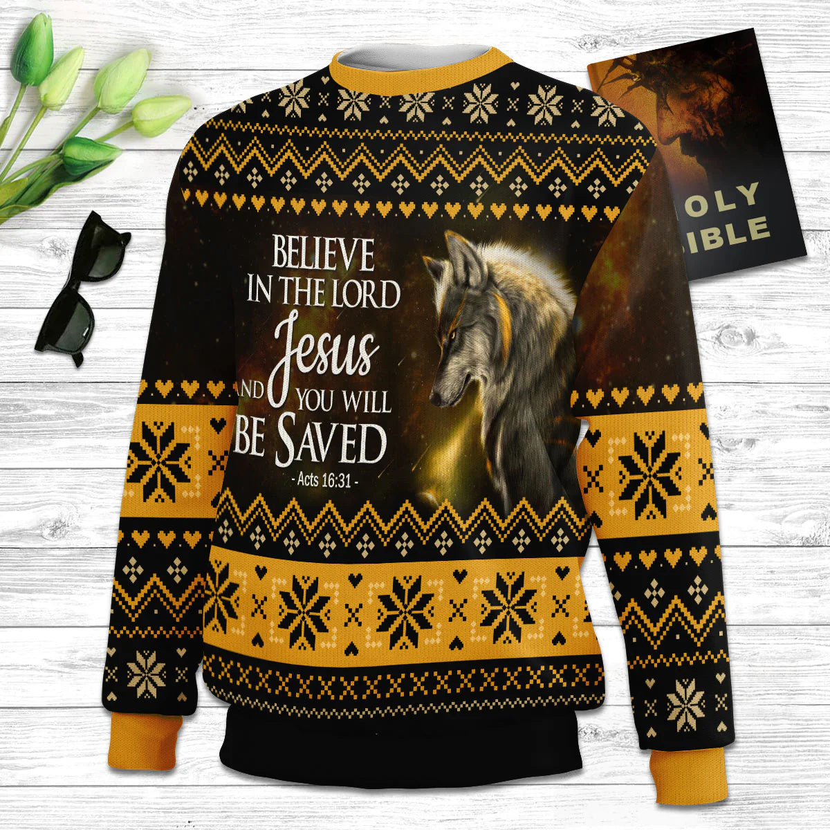 Believe In The Lord Jesus Wolf & Cross Ugly Christmas Sweater - Christian Unisex Sweater - Religious Christmas Gift