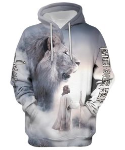 Christian Jesus Lion Faith Over Fear Hoodie For Men & Women, God 3D Printed Hoodie, Christian Apparel Hoodies