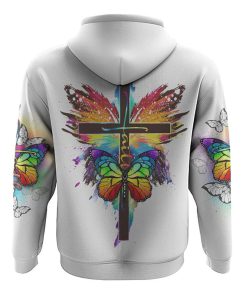 Colorful Butterflies Faith Cross All Over Print 3D Hoodie, Christian Hoodie, Christian Sweatshirt, Bible Verse Shirt