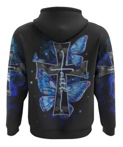 Faith Cross Blue Butterfly Smoke All Over Print 3D Hoodie, Christian Hoodie, Christian Sweatshirt, Bible Verse Shirt