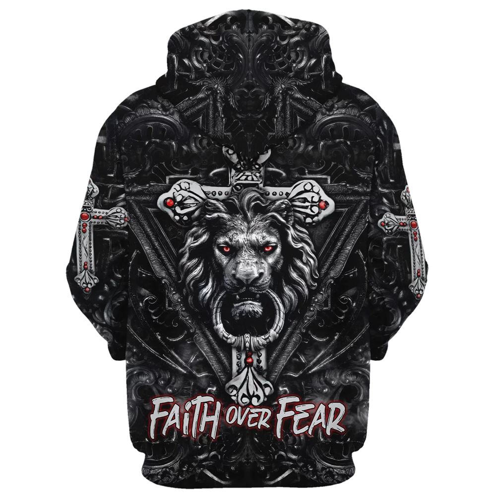 Faith Over Fear, Gothic Lion Black Hoodie For Men & Women, God 3D Printed Hoodie, Christian Apparel Hoodies
