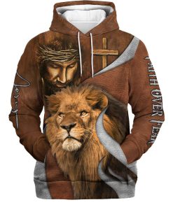Faith Over Fear Lion And God Hoodies Men & Women, God 3D Printed Hoodie, Christian Apparel Hoodies
