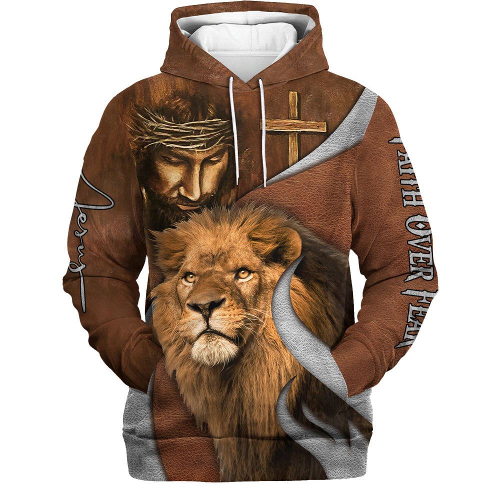 Faith Over Fear Lion And God Hoodies Men & Women, God 3D Printed Hoodie, Christian Apparel Hoodies
