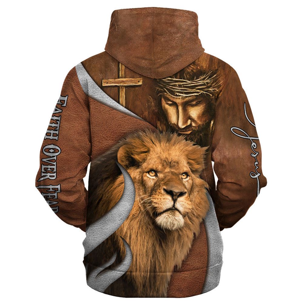 Faith Over Fear Lion And God Hoodies Men & Women, God 3D Printed Hoodie, Christian Apparel Hoodies