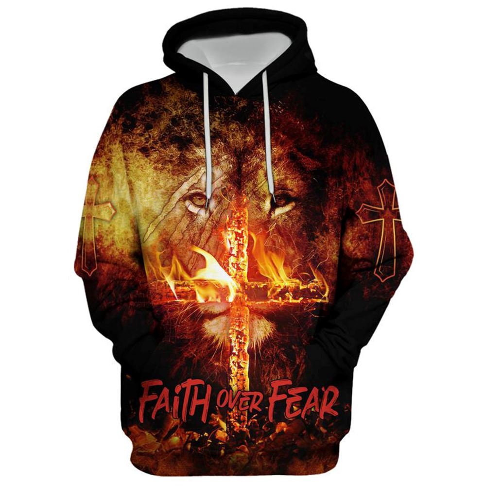 Faith Over Fear Lion Christian Cross Hoodies Men & Women, God 3D Printed Hoodie, Christian Apparel Hoodies