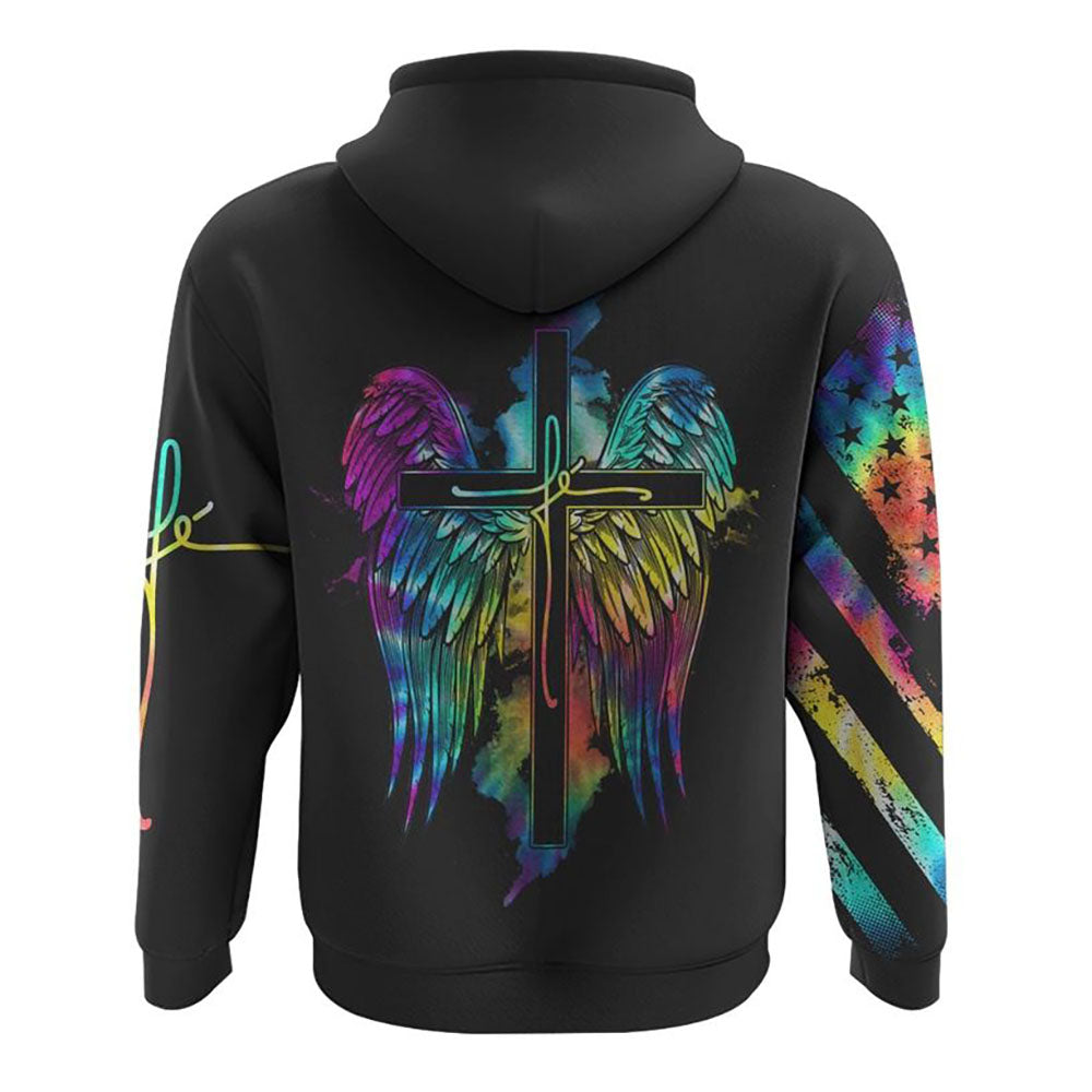 Fe' Cross Wings Colorful Watercolor All Over Print 3D Hoodie, Christian Hoodie, Christian Sweatshirt, Bible Verse Shirt