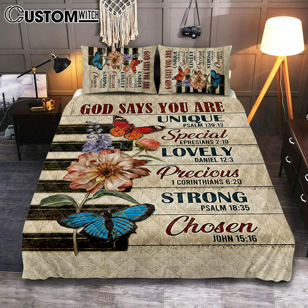 God Says You Are Piano Keys Gorgeous Butterfly Bible Verse Flowers Quilt Bedding Set Bedroom - Christian Quilt Bedding Set Prints