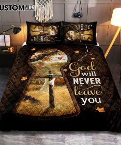 God Will Never Leave You Wooden Cross Red Cardinal Quilt Bedding Set Bedroom - Christian Quilt Bedding Set Prints - Bible Verse Quilt Bedding Set Art