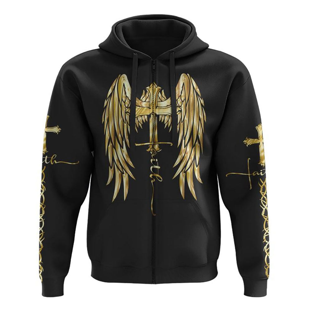 Gold Faith Wings Cross All Over Print 3D Hoodie, Christian Hoodie, Christian Sweatshirt, Bible Verse Shirt