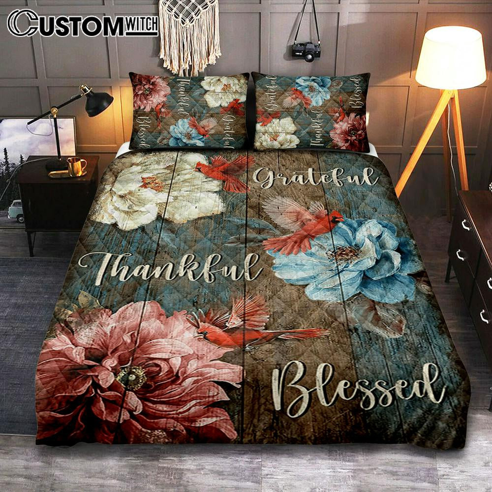 Grateful Thankful Blessed Beautiful Camellia Northern Cardinal Quilt Bedding Set Bedroom - Christian Bedroom Decor - Religious Quilt Bedding Set Prints