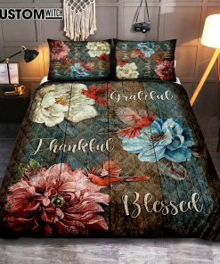 Grateful Thankful Blessed Camellia Northern Cardinal Quilt Bedding Set Bedroom - Christian Quilt Bedding Set Prints - Bible Verse Quilt Bedding Set Art