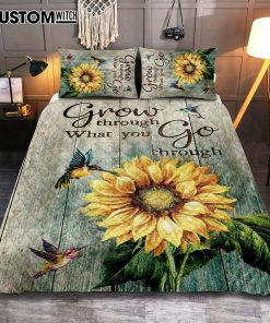 Grow Through What You Go Through Sunflower Hummingbird Quilt Bedding Set Art - Christian Art - Bible Verse Bedroom - Religious Home Decor