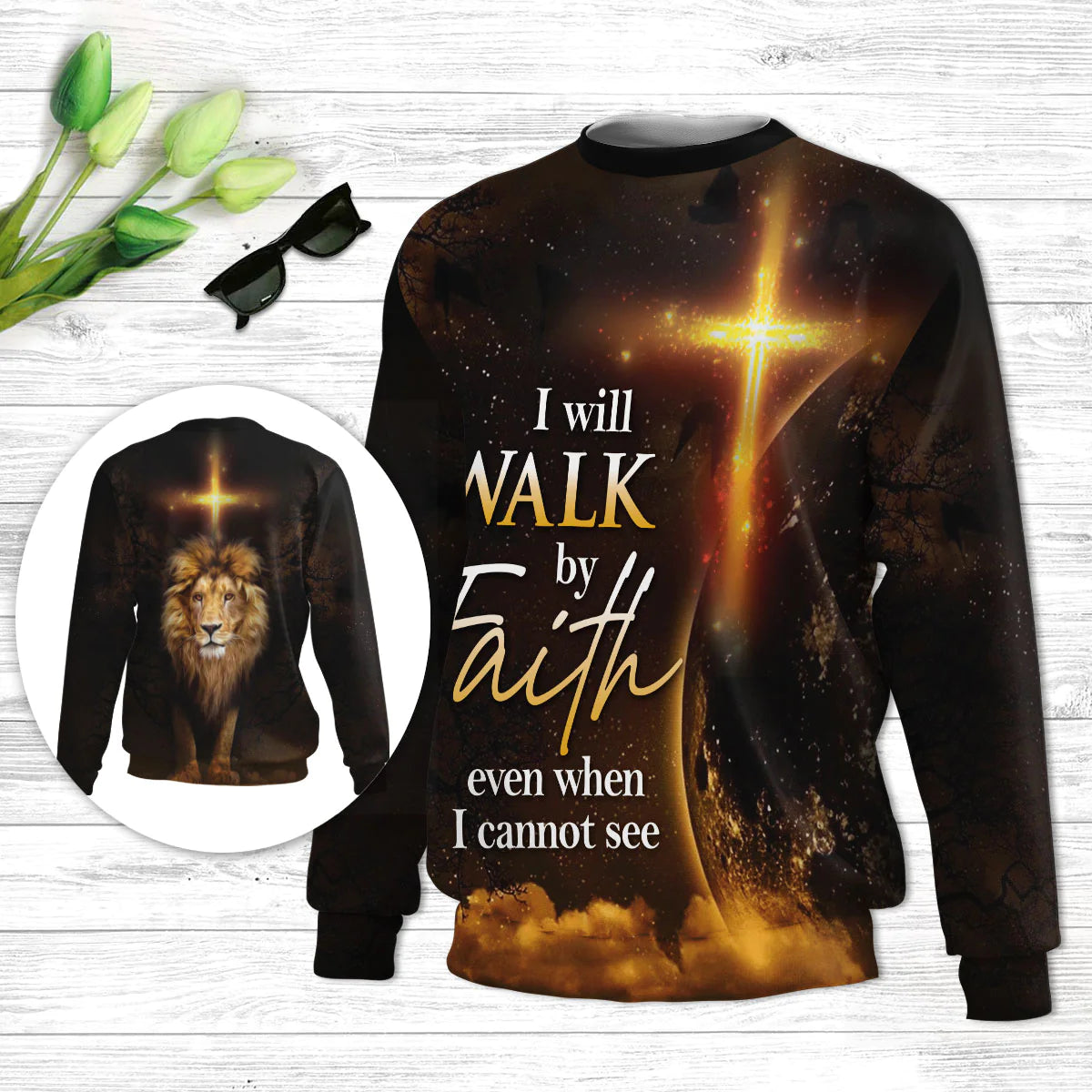 I Will Walk By Faith Even When Cannot See Lion Ugly Christmas Sweater - Christian Unisex Sweater - Religious Christmas Gift