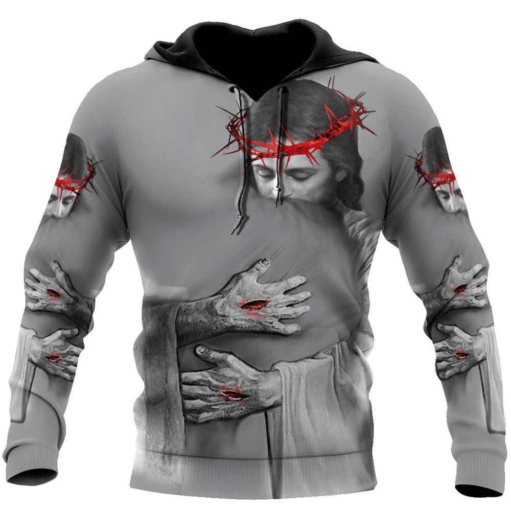 In the Arms Of Lord Grey Tone God 3D Hoodie For Man And Women, Jesus Printed 3D Hoodie
