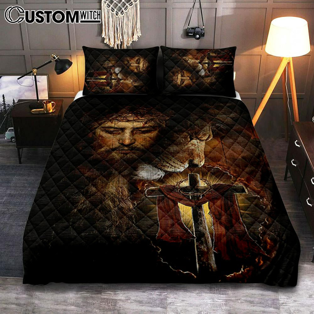Jesus And Lion Of Judah Amazing Wooden Cross Bedroom Quilt Bedding Set - Jesus Portrait Quilt Bedding Set Prints - Christian Bedroom