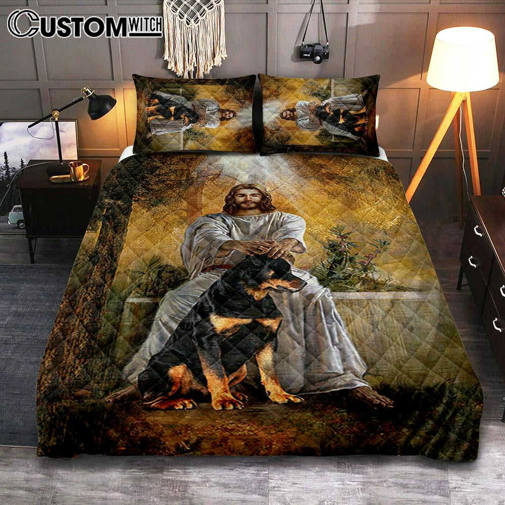 Jesus And Rottweiler Dog Bedroom Quilt Bedding Set - Jesus Portrait Quilt Bedding Set Prints - Christian Bedroom