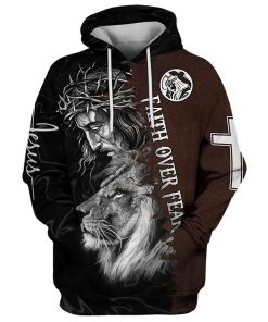 Jesus Crown Of Thorns And Lion Hoodie Faith Over Fear Hoodies Jesus Hoodie Men & Women, God 3D Printed Hoodie, Christian Apparel Hoodies
