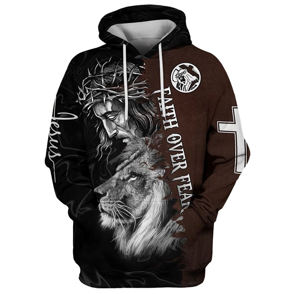 Jesus Crown Of Thorns And Lion Hoodie Faith Over Fear Hoodies Jesus Hoodie Men & Women, God 3D Printed Hoodie, Christian Apparel Hoodies