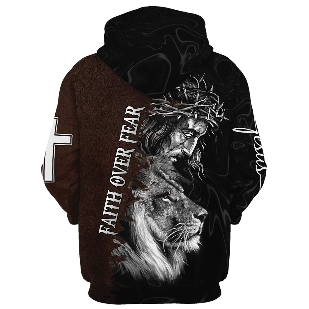 Jesus Crown Of Thorns And Lion Hoodie Faith Over Fear Hoodies Jesus Hoodie Men & Women, God 3D Printed Hoodie, Christian Apparel Hoodies