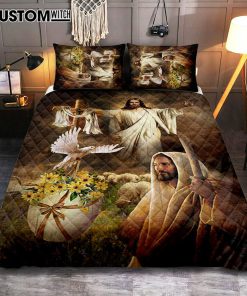 Jesus Dove Cross Yellow Flower Bedroom Quilt Bedding Set - Jesus Portrait Quilt Bedding Set Prints - Christian Bedroom