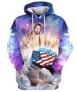 Jesus Hands Holding Earth 3D Hoodie Christian American Flag 3D Hoodies Jesus Hoodie, God 3D Printed Hoodie, Christian Apparel Hoodies