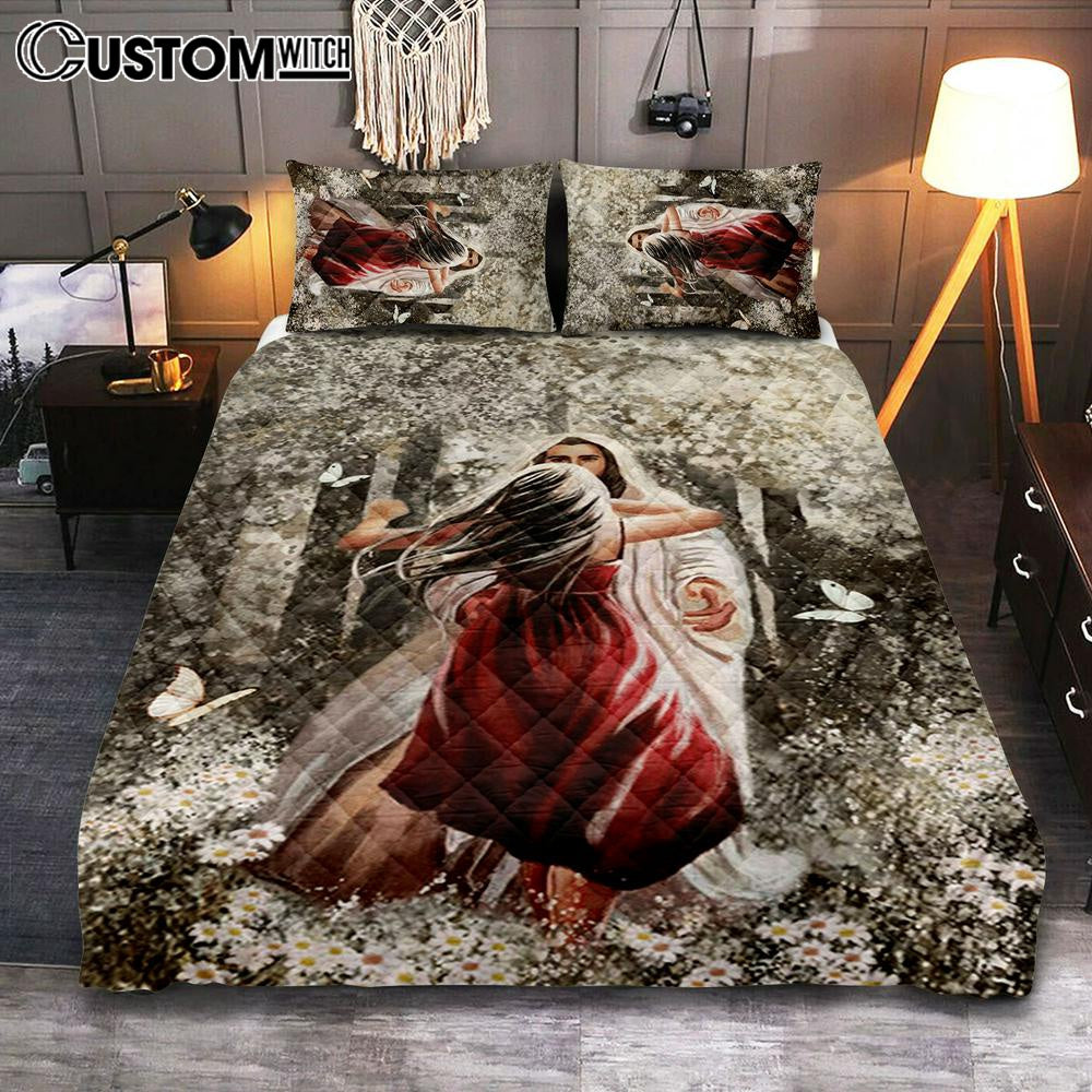 Jesus Hugging Girl Quilt Bedding Set Prints - Jesus Christ Quilt Bedding Set Art - Christian Cover Twin Bedding Decor