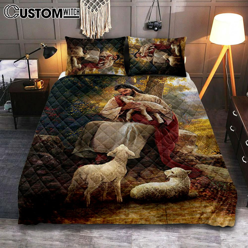 Jesus Hugs Lamb Of God Quilt Bedding Set Bedroom - Bible Verse Quilt Bedding Set Art - Christian Home Decor