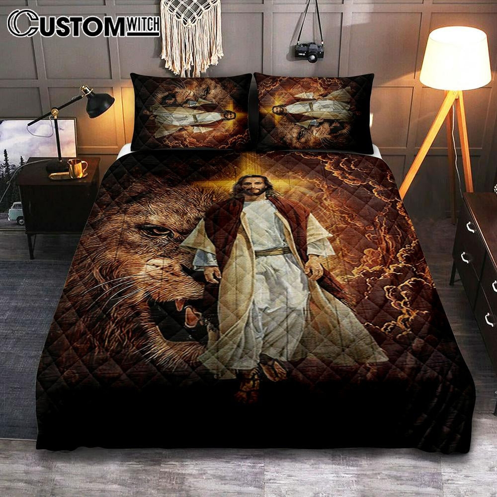 Jesus Is King Lion Of Judah Bedroom Quilt Bedding Set - Jesus Portrait Quilt Bedding Set Prints - Christian Bedroom