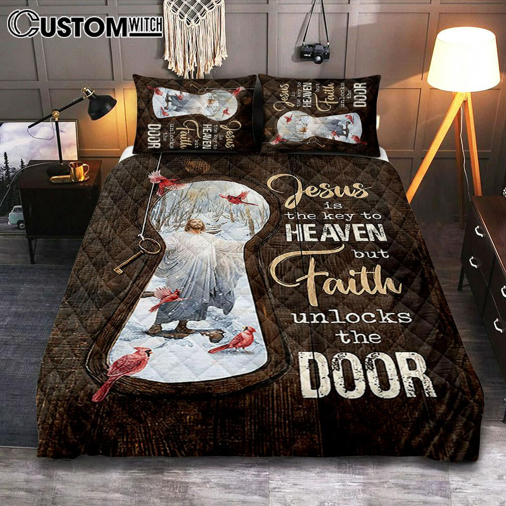 Jesus Is The Key To Heaven Quilt Bedding Set - Jesus Christ Northern Cardinal Quilt Bedding Set - Christian Bedroom - Religious Home Decor