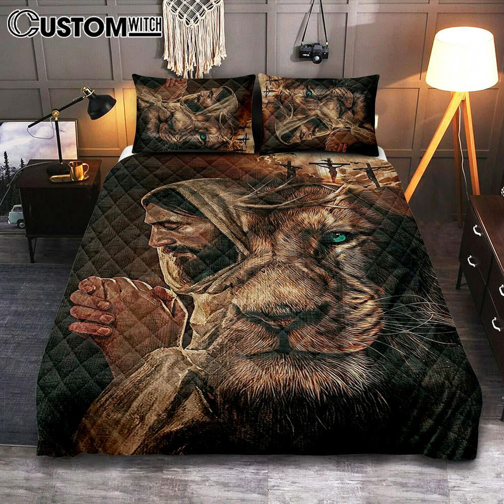 Jesus Lion Cross Eyes Half Jesus Half Lion Quilt Bedding Set Bedroom - Jesus Quilt Bedding Set Pictures - Christian Quilt Bedding Set Bedroom